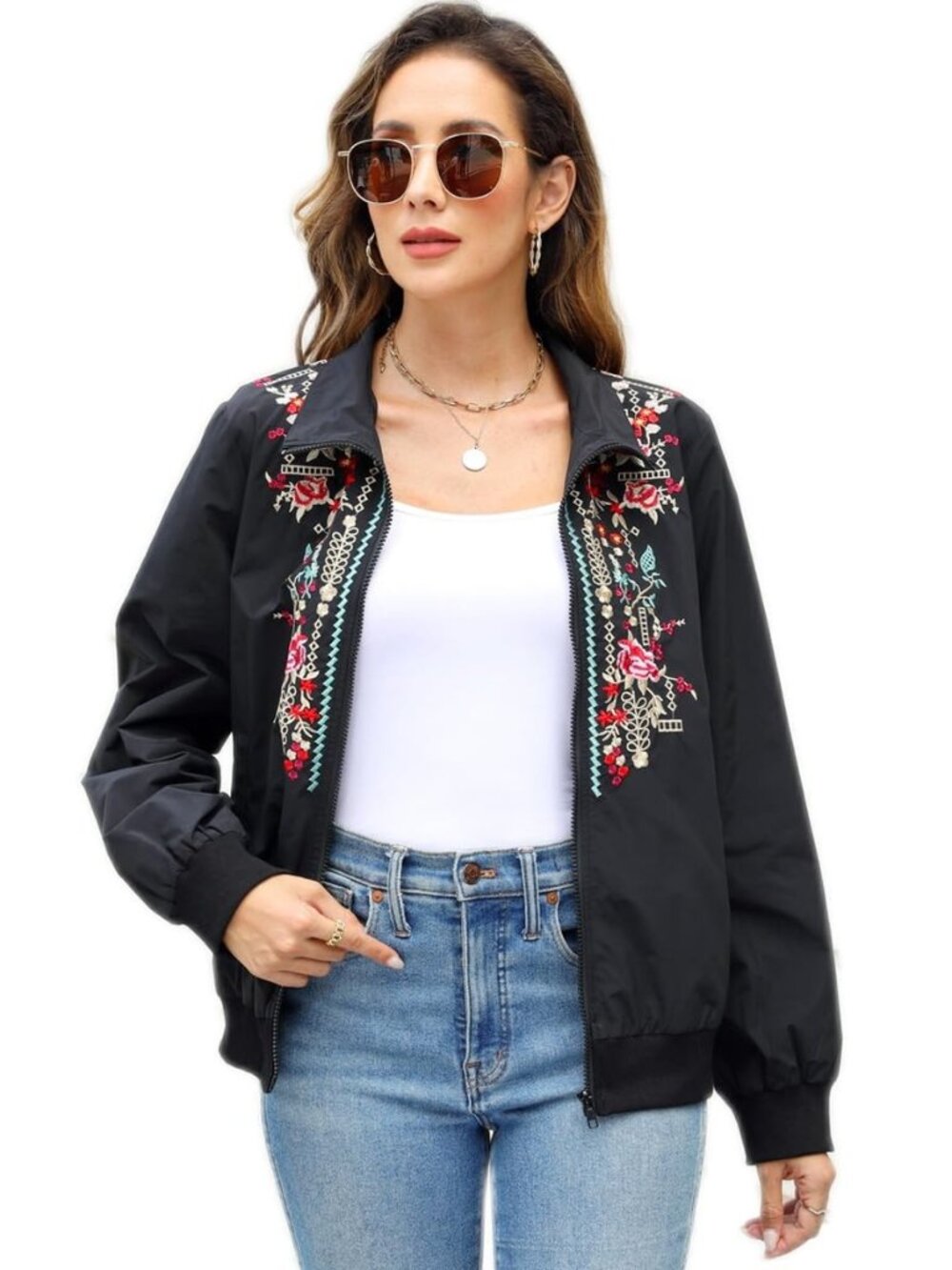 Women's Embroidered Stand Collar Zip Up Jacket,Casual Running Sweatshirt